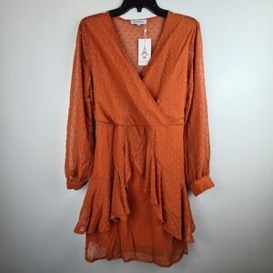 Aooksmery Womens Rust Orange Swiss Dot Wrap V-Neck Ruffle Mini Dress Large NWT